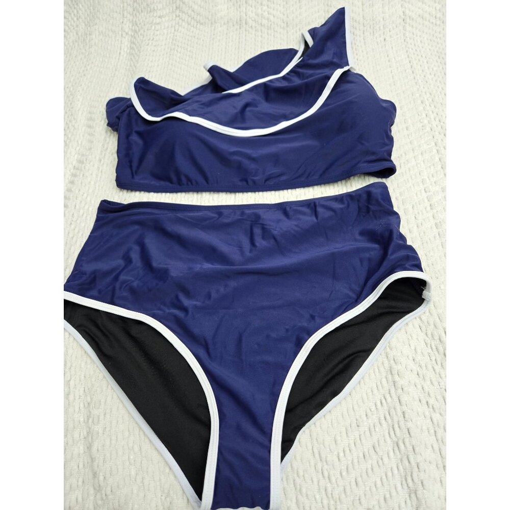 Womens Navy Blue Ruffled one shoulder top with High-Waisted Bikini Set 2XL